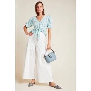 Anthropologie Corfu White Wide Leg Pants Asymmetrical Seam Side Zip Size 4